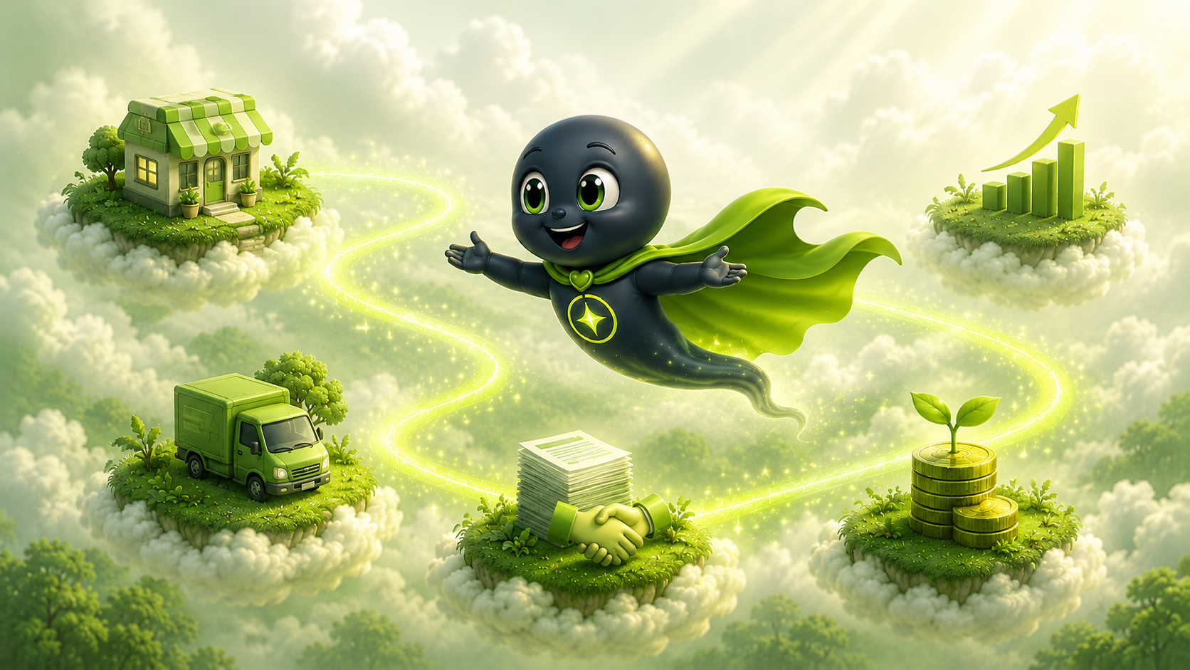 Assetra mascot flying with open arms between cloud islands holding a storefront, growth chart, delivery van, invoices with a handshake, and coins with a growing sprout — what a business loan can fund