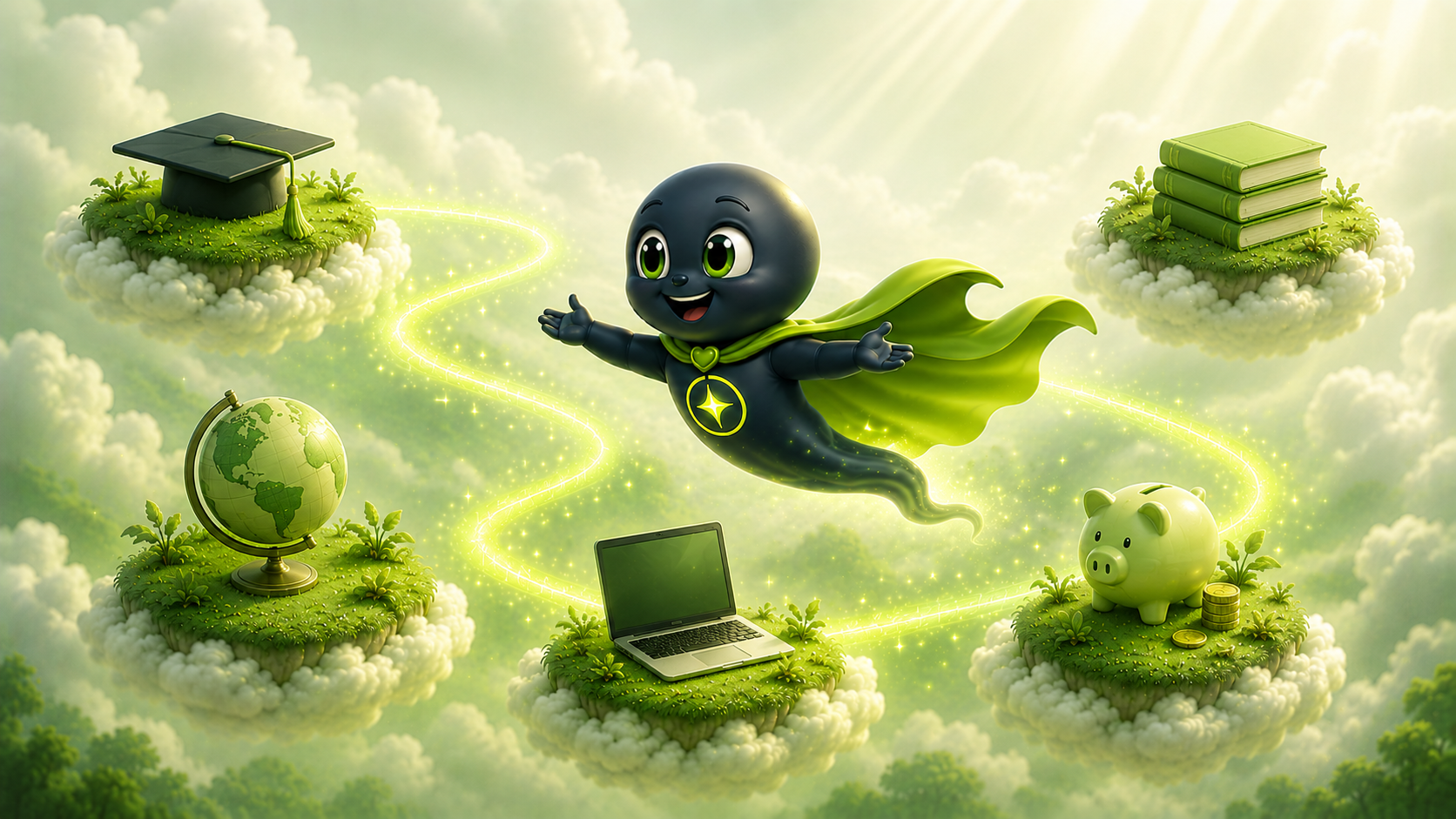 Assetra mascot flying with open arms between cloud islands holding a graduation cap, books, a globe, a laptop, and a piggy bank — what an education loan can fund