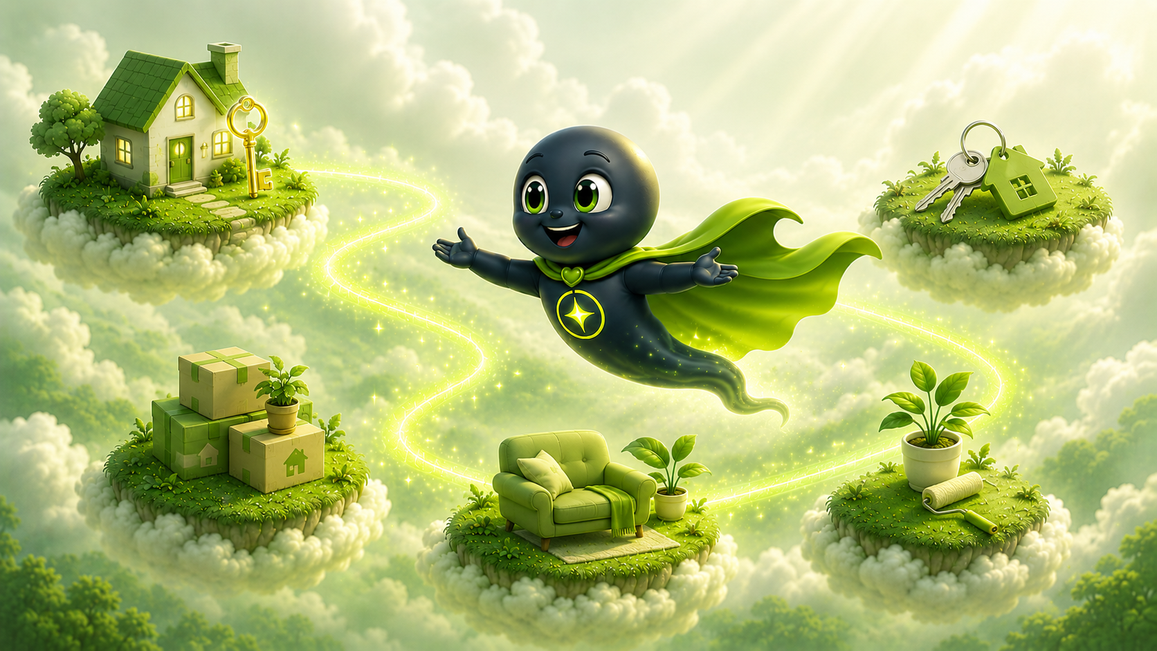 Assetra mascot flying with open arms between cloud islands holding a house with a key, a set of keys, moving boxes, a sofa, and a potted plant with a paint roller — what a home loan can fund