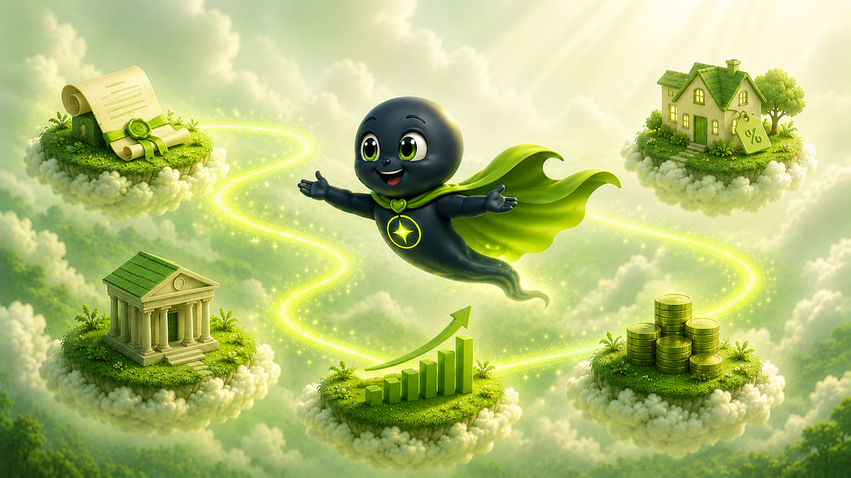 Assetra mascot flying with open arms between cloud islands holding a property deed, a house with a percentage tag, a bank building, a growth graph, and a stack of coins — what a mortgage loan can unlock