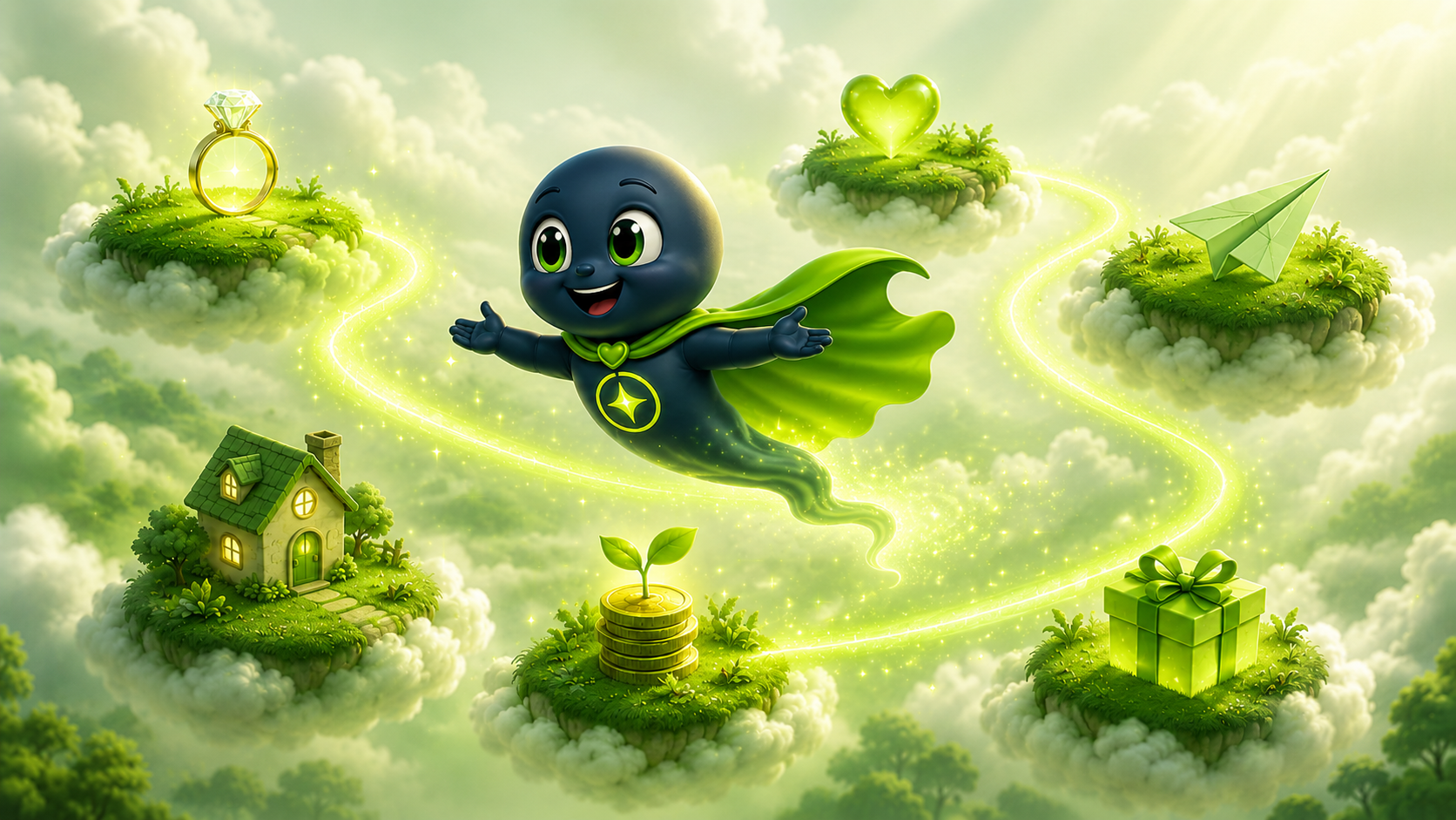 Assetra mascot flying between cloud islands holding a ring, heart, house, paper plane, gift, and growing savings — every life goal a personal loan can fund